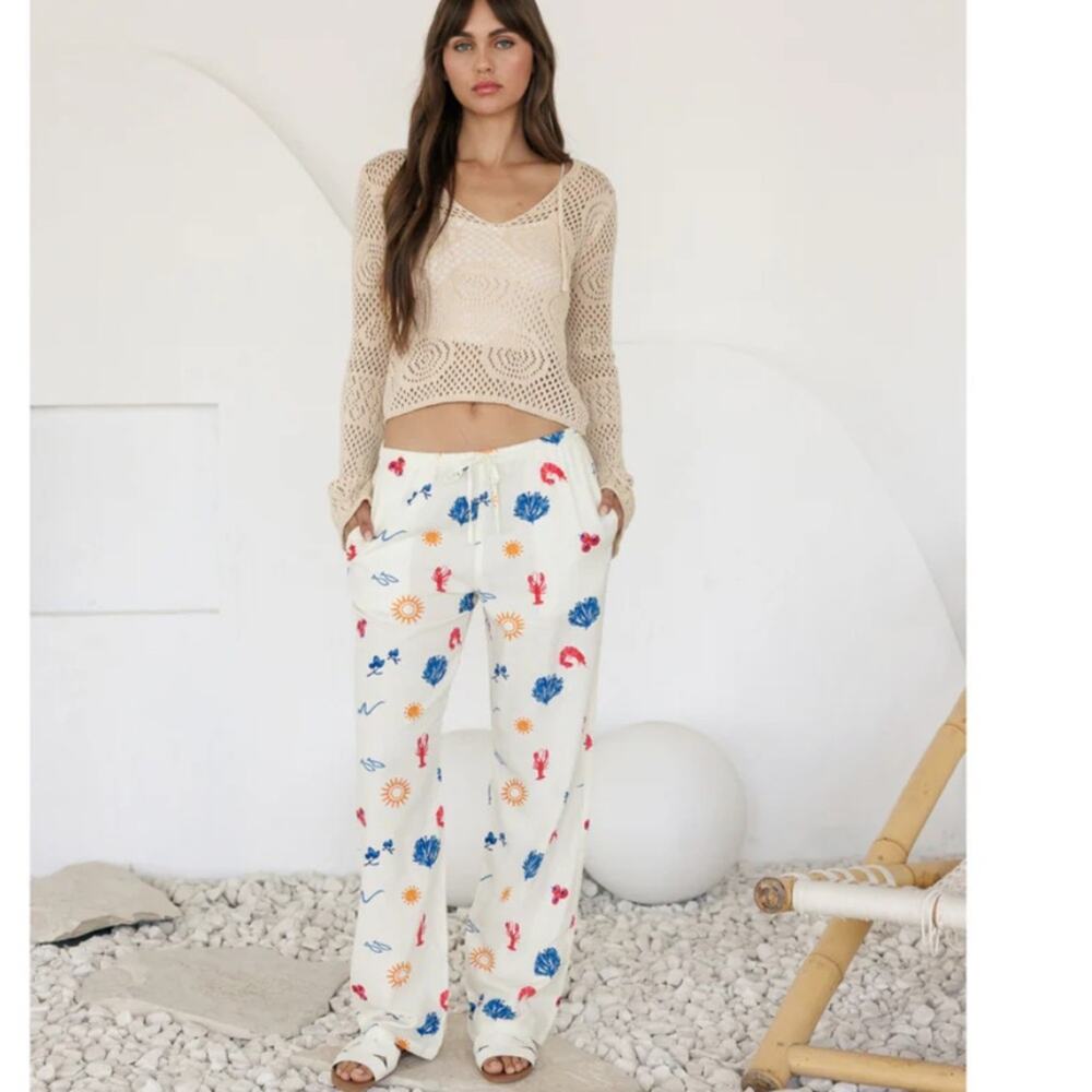 Cali 1850 Linen Pull-on Beach Seaside Print Pants Med